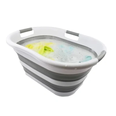 Image of SAMMART 40L Collapsible Plastic Laundry Washing Tub Foldable Pop Up Basket/Hamper Portable Saving (White/Grey)