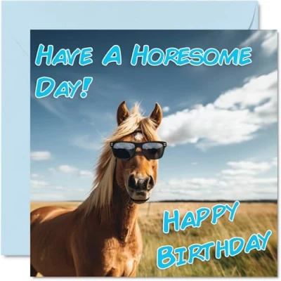 Image of Funny Birthday Cards for Women Men Cool Horse Sunglasses Happy Card Mum Dad Brother Sister Uncle Auntie Cousin Grandad Nanny Friend 145mm x Joke Pun Greeting