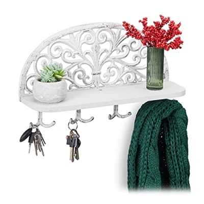 Image of Relaxdays Hallway Coat Rack with Shelf, Antique Design, 4 Double Hooks, Keys, Cast Iron, HWD: 23x39x11.5 cm, White, Wood, Pack of 1