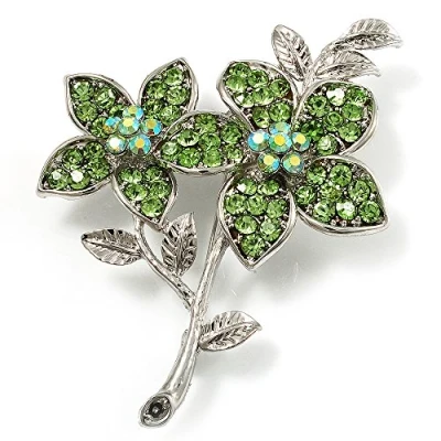 Image of Avalaya Light Green Diamante Flower Brooch (Silver Tone)