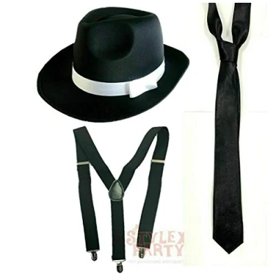 Image of Stylex Party Ltd 1920s Gangster Costume Set Hat Long Tie Suspenders Fancy Dress Gangsta