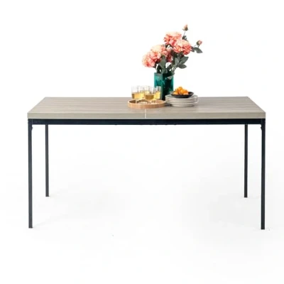 Image of FurnitureR Dining Table, Kitchen Table in Grey Wood Pattern, Metal Frame Rectangular with Adjustable Feet for Room Living Room, 150x75x75cm, Desktop &amp; Black Legs
