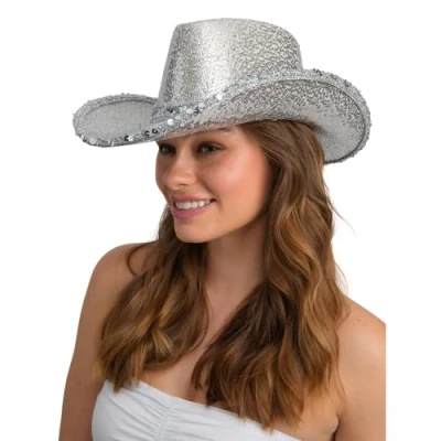 Image of Wicked Costumes Adult Texan Cowboy Hat Fancy Dress Party Accessory (Silver Sequin)