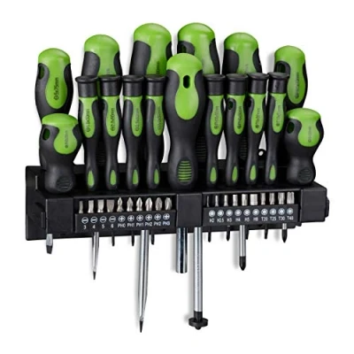 Image of Relaxdays Screwdriver Set XXL, 37 Piece, Workshop &amp; Garage Tools, Cross Slot Wall Holder, Steel, Plastic, Black/Green