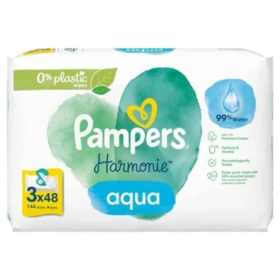 Image of Pampers Baby Wet Wipes Harmony Aqua, 144 (3 x 48), Gentle Skin Protection for Delicate with 99% Water