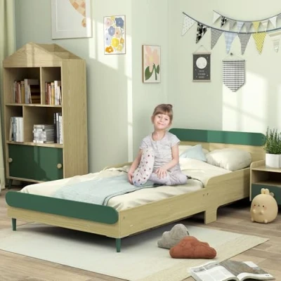 Image of AIYAPLAY Toddler Bed, Kids Bed Frame with Safety Rail, for Ages 3 10 Years, Bedroom Furniture, 195 x 103 60.5cm, Green