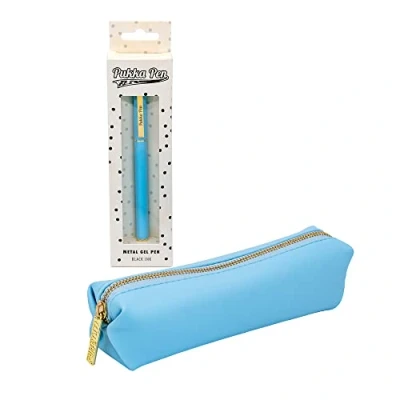 Image of Pukka Pad Slim Pencil Case with Metal Gel Pen Includes 20 x 5cm Zip Close Pouch Refillable Black Ink for Back to School or Professional Office Settings Sky Blue