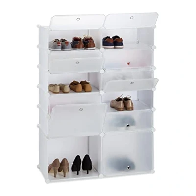 Image of Relaxdays Plastic Cabinet, 12 Compartment Shoe Rack, XXL Modular Shelf, H x W D: 125 94 37 cm, White