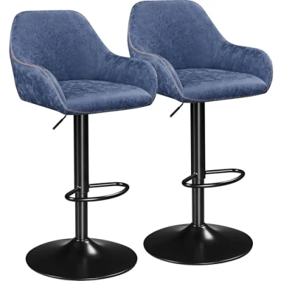 Image of Yaheetech Bar Stools Set of 2, Height Adjustable Swivel Barstools, PU Leather Upholstered Chair with Backrest, Armrests and Footrest for Home Kitchen, Blue