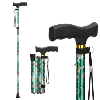 Image of supregear Walking Stick Adjustable Height Folding Sticks, Flexible Lightweight Travel Cane, Collapsible Balancing Mobility Aid for Men Women, Floral Green