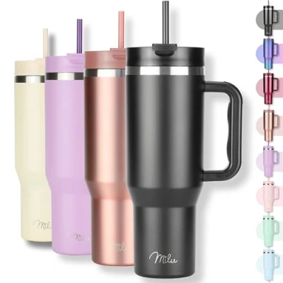 Image of Milu 40oz Tumbler with Straw and Handle (1.2L) 48h ice / 24h Cold 12h hot Stainless Steel Travel Mug Lid Insulated Water Bottle Cup to go Gift for Women Men (Black)