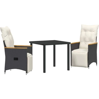 Image of vidaXL 3 Piece Garden Dining Set with Cushions Black Poly Rattan