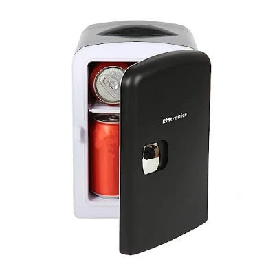 Image of EMtronics EMMF4LBLK Compact Mini Cooler Fridge 4 Litre, 6 Can Portable AC+DC Power For Bedrooms, Cars, Offices; Skincare, Makeup, Cosmetics, Food (Black)