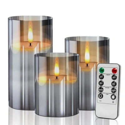 Image of Gray Glass Flameless Battery Candles Flickering with Remote,Timer, Wicking Operated Realistic Real Wax Warm Light LED Candle, for Party Wedding Festival Tabletop Decoration, Set of 3