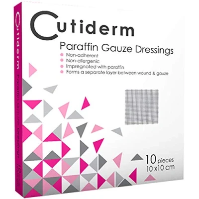 Image of Pack of 10 Cutiderm Sterile Paraffin Gauze Dressing 10cm x Suitable for Superficial and Partial Thickness Burns, Skin Loss Wounds, abrasions Traumatic Injuries