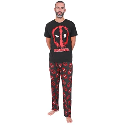 Image of Marvel Mens Deadpool Long Pyjama Set Black Red (Small)