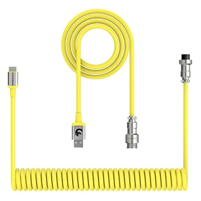 Image of XINMENG C01 Coiled Keyboard Cable, TPU Extendable Custom USB C Aviator Type to A, with Detachable Gold Metal Aviation Connector for Mechanical Gaming Phone Laptop Yellow