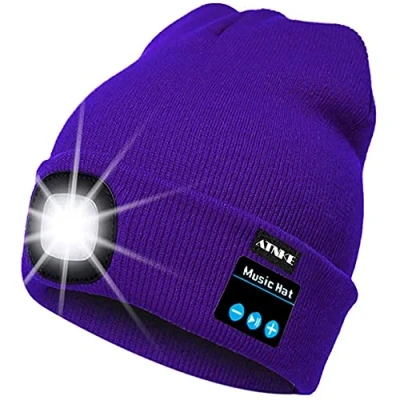 Image of ATNKE LED Lighted Bluetooth Beanie Cap, USB Rechargeable Wireless Musical Running Hat Ultra Bright 4 Waterproof Light Lamp Use for Skiing Hiking Camping Cycling/Purple
