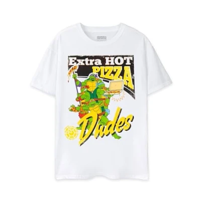 Image of Teenage Mutant Ninja Turtles Mens T Shirt Adults Pizza Dude Graphic Tee in White Short Sleeve Nostalgic 90s Vintage Cartoon Fashion Retro TMNT Apparel Gift for Him