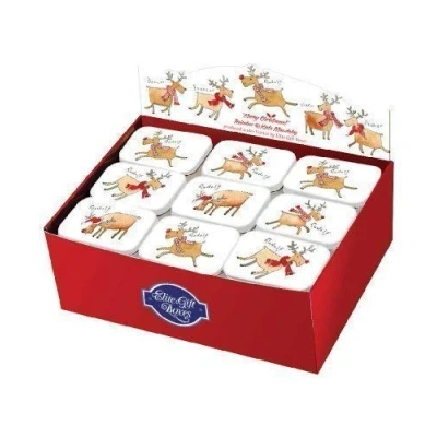 Image of Rudolf The Reindeer Rectangular Hinged Treat Tin with Polka Dot Scarf Perfect Stocking Filler