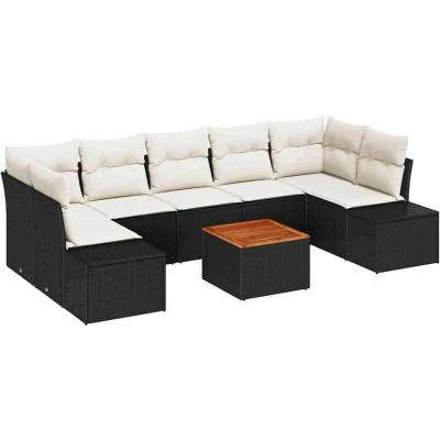 Image of vidaXL 8 Piece Garden Sofa Set with Cushions Black Poly Rattan Acacia