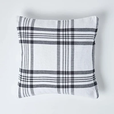 Image of HOMESCAPES Large White &amp; Black Tartan Cushion Cover, 100% Cotton, 24 x or 60cm 60cm, A Great Fit for Sofa Settee as Display Cover your Bed Conservatory