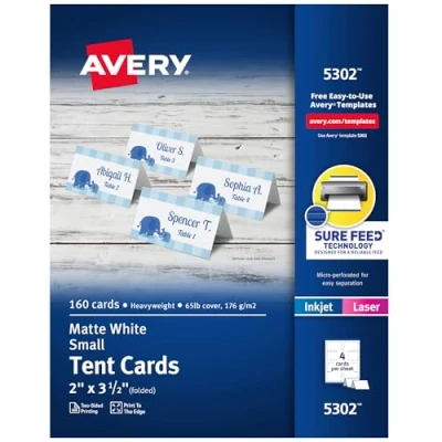Image of Avery 5302 Small Tent Card, White, 2 x 3 1/2, 4 Cards/Sheet (Box of 160)