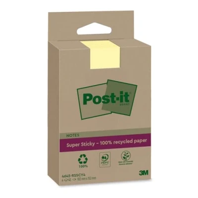 Image of Post it Super Sticky 100% Recycled Notes XXL, Canary Yellow, Lined Pack of 4 Pads, 45 Sheets per Pad, 102 mm x 152 Extra Made from Paper