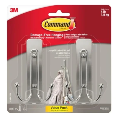 Image of Command Large Wall Hooks, Damage Free No Tools Double Hooks for Hanging Decorations in Living Spaces with Adhesive Strips, 2 Brushed Nickel Plastic and Strips