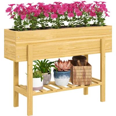 Image of Outsunny Wooden Raised Garden Bed, Elevated Planter Box with Bed Liner, Drainage Holes and Storage Shelf, for Vegetables, Flowers, Herbs, 100 x 30 71 cm, Natural Wood Finish