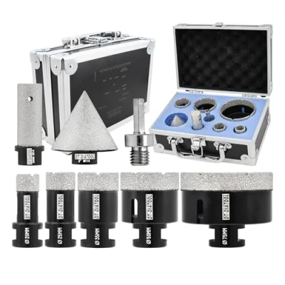 Image of DT DIATOOL Diamond Core Drill Bits Kit 20/25/35/50/75mm with 50mm Chamfer Bit and 20mm Finger M14 Thread Hex Adapter Hole Saw Set for Porcelain Ceramic Tile Marble Granite