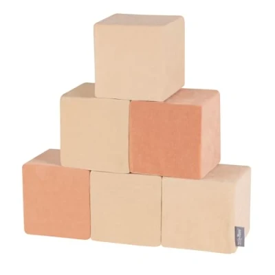 Image of KiddyMoon Soft Foam Velvet Cubes Building Blocks 14Cm For Children Montessori Toy Babies, 6 Pieces, Cubes: Sand Beige Desert Pink