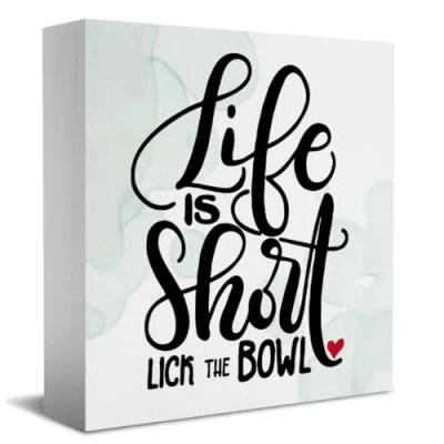 Image of Funny Life is Short Lick the Bowl Wooden Box Sign Rustic Kitchen Wood Art Home Shelf Desk Decoration 5 x Inches Present