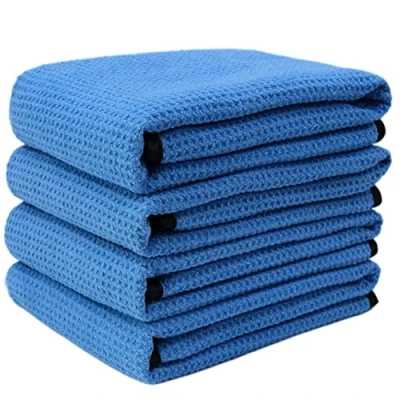Image of POLYTE Elite Microfibre Drying Towel (40.6 x 61, 4 Pack, Waffle, Blue)