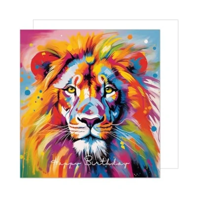 Image of Edition Seidel Premium Square Birthday Card with Envelope. Greeting Happy For Him or Her Female Male Friend Mum Dad Colleague Teens Lion Pop Art (GQ224 SW024)