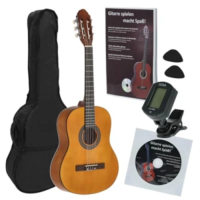 Image of JUAN MIGUEL NAVARREZ Classical Guitar 3/4 Starter Set honey (bag, tuner, picks, book with CD)