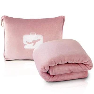 Image of EverSnug Travel Blanket and Pillow Premium Soft 2 in 1 Airplane with Bag Pillowcase, Hand Luggage Belt Backpack Clip (Light Pink)