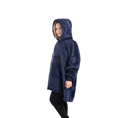 Image of 1ABOVE 75cm Oversized Sherpa Hoodie Ultra Soft Hooded Super Warm Comfortable Sweatshirt Fleece Cosy Comfy for Children Blanket with Sleeves and Pocket (NAVY BLUE)