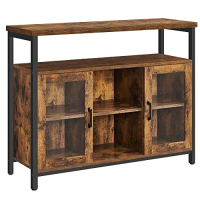 Image of VASAGLE Sideboard, Buffet Table with 2 Transparent Glass Doors, TV Cabinet, Adjustable Shelves, for Dining Room, 100 x 35 80 cm, Industrial Style, Rustic Brown and Black LSC095B01