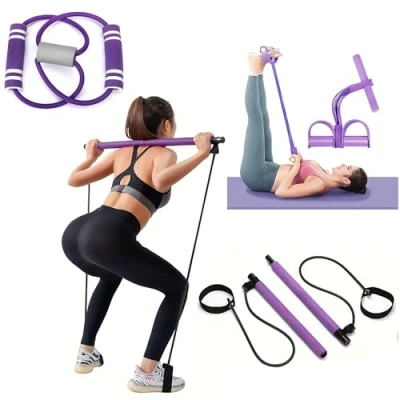 Image of Pilates RESISTANCE BAND BAR, YOGA Band, Pull Up EQUIPMENT, BOOTY Bands, BODY TRIMMER, Waist &amp; Ab Shaper, Arms, Chest, Sit ROPE (3PC PURPLE Bar Kit)