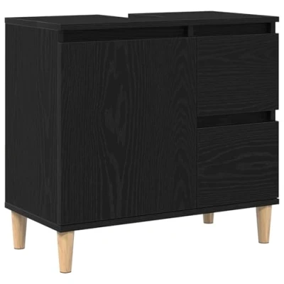 Image of vidaXL Black Oak Bathroom Cabinet Medium Vanity Unit with Storage Solid Wood Rectangular Design Matte Finish Indoor Use