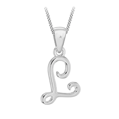 Image of Tuscany Silver Women&#039;s Sterling Rhodium Plated Diamond Initial &#039;L&#039; Pendant on Curb Chain of 46cm/18&quot;
