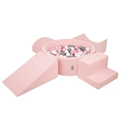 Image of KiddyMoon Foam Playground For Kids With Round Ballpit (300 Balls ∅ 7Cm/2.75In) Soft Obstacles Course And Ball Pool, Made In The EU, Pink:White/Grey/Powder Pink