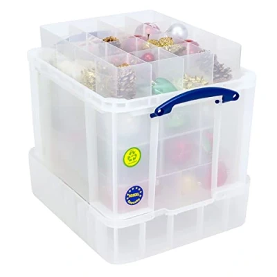 Image of Really Useful Plastic Storage Box 35 Litre with XXL Lid 4 Trays 1x6 + 1x9 1x12 1x16 Compartments Clear