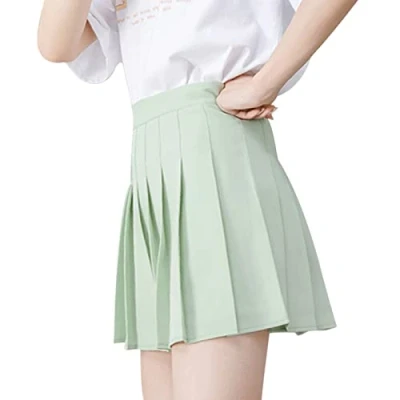 Image of DRESHOW Women Girls Short High Waist Pleated Skirt Basic Plain Stretchy Flared Mini School