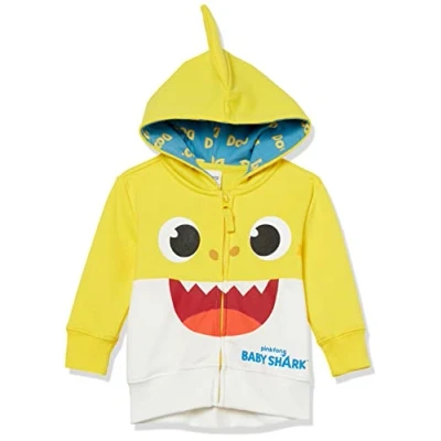 Image of Pinkfong Baby Boys Zip Up Big Face Hoodie Shark Yellow Toddler Size 2t 5t Hooded Sweatshirt, 18 Months