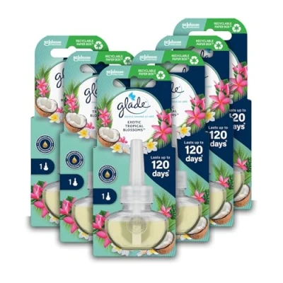 Image of Glade Plug in Air Freshener Refill, Electric Scented Oil Room Freshener, Tropical Blossoms, Pack of 6 (6 x 20ml)