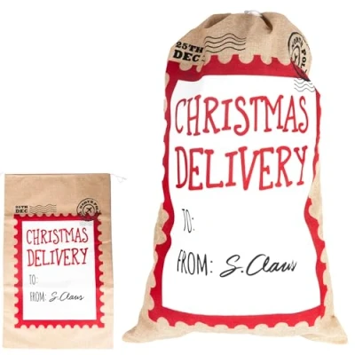 Image of SHATCHI Large Delivery Santa Sack 48x78 cm Hessian Stocking Filler Gift Bag with Drawstring, Personalized North Pole Design Christmas Accessories, Beige w/White