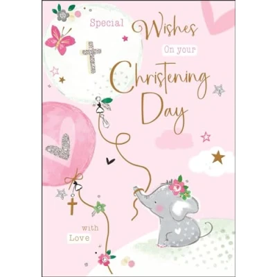 Image of Christening Congratulations Card For Girls Her Elephant and Balloons Special Finishes Illustrated Insert Leaf Made in the UK