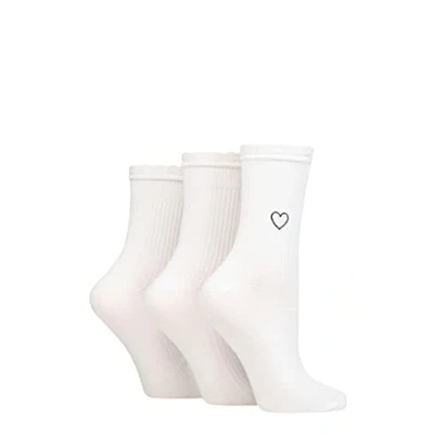 Image of Women&#039;s 3 Pair SOCKSHOP Wildfeet Mid Length Frill Top Embroidered Socks White Heart 4 8 UK